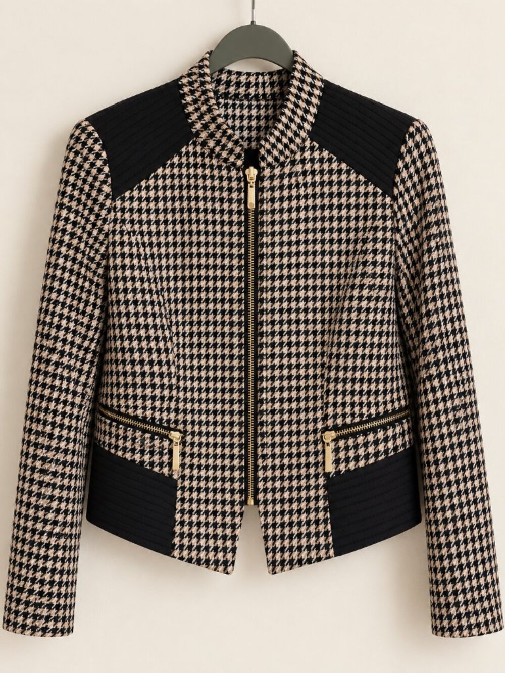 White House Black Market - Houndstooth Zip-Front Jacket with Quilted Accents